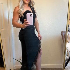 Fuzzy, trim, asymmetrical dress